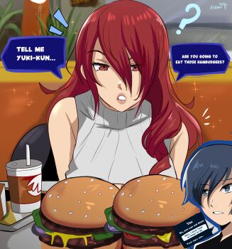 Rule 34 | 1boy, 1girl, absurdres, blue eyes, blue hair, burger, dating, dialogue box, dialogue options, english text, food, highres, karbuitt, kirijou mitsuru, persona, persona 3, persona 3 reload, red eyes, red hair, yuuki makoto (persona 3)
