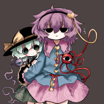 2girls black_hat blue_shirt brown_background buttons commentary_request contrast_collar cowboy_shot green_eyes green_hair green_skirt hair_between_eyes hat hat_ribbon heart_button heripantomorrow komeiji_koishi komeiji_satori long_sleeves looking_at_viewer multiple_girls pink_hair pink_skirt ribbon shirt simple_background skirt third_eye touhou wide_sleeves yellow_ribbon yellow_shirt