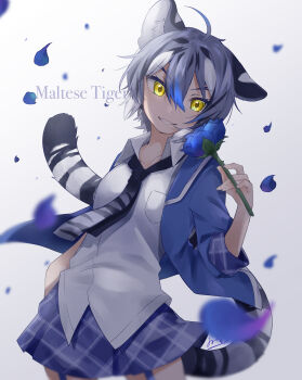 1girl absurdres ahoge animal_ears animal_print arm_at_side black_hair blue_flower blue_hair blue_jacket blue_rose blue_skirt blurry blurry_foreground breast_pocket cat_girl character_name collarbone collared_shirt cowboy_shot fingernails flower garter_straps grey_hair grin hair_between_eyes hand_up highres holding holding_flower holding_rose isobee jacket kemono_friends leaning_to_the_side looking_at_viewer maltese_tiger_(kemono_friends) miniskirt multicolored_hair necktie open_clothes open_jacket petals plaid_clothes plaid_skirt plaid_sleeves pocket print_necktie print_neckwear rose shirt short_hair signature skirt smile solo tail tiger_ears tiger_girl tiger_print tiger_tail v-shaped_eyebrows white_hair white_shirt wing_collar wins yellow_eyes