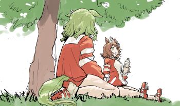 2girls ahoge air_messiah_(umamusume) animal_ears bottle e-ncyo ear_ornament ears_down grass green_eyes green_hair gym highres holding holding_bottle horse_ears horse_girl horse_tail jacket long_sleeves multiple_girls open_mouth outdoors red_jacket red_shoes rhein_kraft_(umamusume) shoes short_hair sitting sneakers tail track_jacket tree umamusume water_bottle