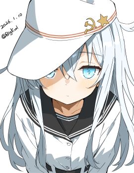 1girl absurdres bigkwl black_sailor_collar blue_eyes blue_hair commentary dated dated_commentary flat_cap hair_between_eyes hat hibiki_(kancolle) highres kantai_collection long_hair looking_at_viewer mixed-language_commentary neckerchief one-hour_drawing_challenge russian_commentary sailor_collar school_uniform serafuku simple_background solo twitter_username upper_body verniy_(kancolle) white_background white_hat