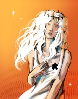 Rule 34 | 1girl, absurdres, aegyo sal, bush, commentary, cowboy shot, crown, dress, english commentary, frown, grey eyes, hand on own chest, head tilt, highres, hole in chest, hole on body, hqrp, long hair, looking at viewer, nephis (shadow slave), parted lips, puzzle piece, red lips, shadow slave, solo, white dress, white hair, wind, wind lift