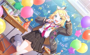 +_+ 1girl :d aqua_eyes artist_collaboration bass_guitar black_choker blonde_hair blush bow bow_hairband brown_shoes brown_skirt chips_(food) chocolate choker collared_shirt colorful_palette commentary_request cup cymbals desk disposable_cup drawstring dutch_angle fingernails food game_cg grey_jacket hair_ornament hairband hairclip hat highres initial instrument jacket kagamine_rin keyboard_(instrument) kuwabara_(mola_8) leg_up leg_warmers leo/need_rin nail_polish necktie official_art open_clothes open_jacket open_mouth party_hat pink_necktie plaid_clothes plaid_skirt pleated_skirt pocky project_sekai shirt shirt_tucked_in shoes skirt smile solo sparkle star_(symbol) star_balloon tongue unsteady_still_steady_step_(project_sekai) v vocaloid white_bow white_leg_warmers white_shirt x_hair_ornament yellow_nails