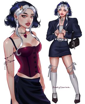 Rule 34 | 1girl, aegyo sal, alternate costume, artist name, bag, bag ribbon, belt, black bag, black shoes, black skirt, blazer, bob cut, breasts, bustier, buttons, cleavage, clenched hands, collarbone, colored bangs, cord choker, cropped jacket, denim, denim skirt, earrings, eyelashes, eyeshadow, fashion, full body, grey eyes, hair behind ear, hair ornament, handbag, highres, jacket, jewelry, kitten heels, kneehighs, light smile, lightning bolt, lightning bolt hair ornament, lightning bolt symbol, long sidelocks, long skirt, looking at viewer, makeup, medium breasts, midriff, mole, mole on arm, mole on breast, mole on ear, mole on forehead, mole on leg, mole on neck, mole on stomach, mole under eye, multicolored hair, multiple hair clips, parted bangs, parted lips, purple hair, red bustier, red eyeshadow, red lips, redesign, ring, shoes, sidelocks, simple background, skirt, socks, stormy (winx club), strapless, streetwear, stud earrings, thick eyebrows, thick lips, thigh strap, tube top, two-tone hair, upper body, wavy hair, wavy sidelocks, white background, white belt, white socks, white tube top, winx club, zeebythesea