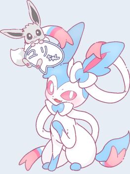 Rule 34 | :3, alternate color, animal focus, blue background, blue fur, bow, bright pupils, commentary request, eevee, fang, full body, gen 1 pokemon, gen 6 pokemon, grey fur, lily saku39, looking at viewer, nintendo, no humans, open mouth, pink eyes, pokemon, pokemon (creature), pokemon focus, ribbon, shiny pokemon, simple background, sitting, sylveon, two-tone fur, white fur, white pupils