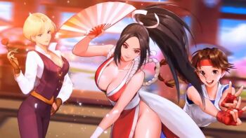 Rule 34 | 1girl, black hair, blonde hair, blue eyes, braid, braided ponytail, breasts, brown eyes, brown hair, cleavage, dougi, female focus, flower, hairband, huge breasts, japanese clothes, karate gi, king (snk), large breasts, long hair, outdoors, pale skin, ponytail, rose, shiranui mai, short hair, smile, smiley face, the king of fighters, thick thighs, thighs, yuri sakazaki