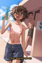 1boy 1girl :d absurdres ahoge beach black_male_swimwear blue_sky breasts brown_eyes brown_hair cloud commentary cowboy_shot crossdressing crossdressing_(ftm) english_commentary english_text hair_ornament hairclip highres holding holding_water_gun kyoko_(madaotheory) madaotheory male_swimwear male_swimwear_challenge navel nipples open_mouth original outdoors pee pee_in_container restroom_symbol sky small_breasts smile stained_clothes subtitled sweat tan tanline toilet tomboy topless_female water_gun