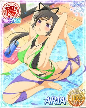 1girl :o aria_(senran_kagura) arms_up barefoot black_hair black_ribbon blush border bottle breasts card_(medium) character_name day english_text game_cg green_tank_top hair_ribbon high_side_ponytail large_breasts long_hair official_alternate_costume official_art pants purple_eyes purple_pants ribbon senran_kagura senran_kagura_new_wave shirt solo stretching tank_top torn_clothes torn_pants torn_shirt towel water_bottle wooden_floor yoga yoga_mat