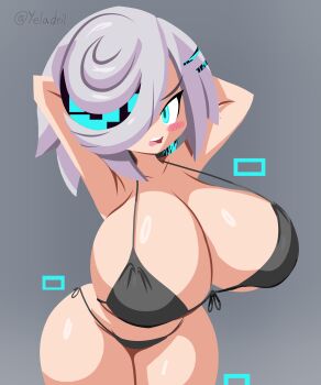 1girl arms_behind_head bikini black_bikini blue_eyes blue_hair blush blush_stickers breasts cleavage gigantic_breasts glitch gloves hair_over_one_eye multicolored_hair open_mouth oppai_loli purple_background sage_(sonic) short_hair signature simple_background solo sonic_(series) sonic_frontiers streaked_hair swimsuit teeth thick_thighs thighhighs thighs upper_teeth_only yelladrill
