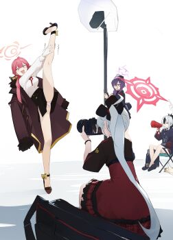 4girls absurdres animal aru_(blue_archive) black_footwear black_hair black_headwear black_hoodie black_scrunchie black_shirt black_skirt blue_archive blush brown_coat brown_horns camera cat chair closed_mouth coat coat_on_shoulders collared_shirt demon_horns dokshuri garrison_cap grey_hair grey_halo hair_ornament hair_scrunchie halo haruka_(blue_archive) hat high_heels highres holding holding_camera holding_megaphone hood hoodie horns kayoko_(blue_archive) long_hair long_sleeves medium_hair megaphone multicolored_hair multiple_girls mutsuki_(blue_archive) open_mouth panties pencil_skirt pink_hair pink_halo ponytail problem_solver_68_(blue_archive) purple_eyes purple_hair purple_halo red_eyes red_halo red_skirt scrunchie shirt side_ponytail simple_background sitting skirt smile split standing standing_on_one_leg standing_split tongue tongue_out underwear white_background white_hair white_panties white_shirt yellow_eyes