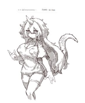 Rule 34 | 1girl, absurdres, blush, breasts, cleavage, closed mouth, commentary, greyscale, highres, horns, korean commentary, large breasts, lizard tail, long hair, monochrome, rampa93, short sleeves, shorts, single horn, solo, tail, tenkajin chiyari, touhou, very long hair