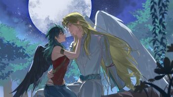 1boy 1girl absurdres angel_wings arm_around_waist armlet bare_shoulders bird bird_girl bird_wings black_wings blonde_hair blue_eyes circlet commission feathered_wings fire_emblem fire_emblem:_path_of_radiance fire_emblem:_radiant_dawn green_eyes green_hair hands_on_another&#039;s_face headband heron highres in_tree jewelry long_hair looking_at_another lumi_9s moon nintendo pointy_ears reyson_(fire_emblem) sitting sitting_in_tree star_(sky) tree vika_(fire_emblem) white_wings wings