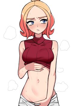 1girl absurdres blush breasts clothes_pull embarrassed highres medium_breasts n_k_m navel nintendo pokemon pokemon_legends:_z-a pulling_own_clothes shorts shorts_pull tagme taunie_(pokemon)