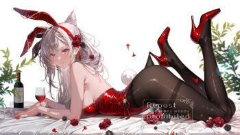 1girl animal_ear_hairband animal_ears bare_shoulders bed_sheet black_flower black_pantyhose blue_eyes blush bottle breasts closed_mouth commentary cone_hair_bun cup double_bun drinking_glass english_commentary fake_animal_ears fake_tail feet_up flower from_side full_body grey_hair hair_between_eyes hair_bun hair_flower hair_ornament hairband high_heels highres hololive hololive_indonesia hooked_on_heel lace_pantyhose_hooked_on_heel_(meme) large_breasts leotard light_smile long_hair looking_at_viewer looking_to_the_side lying meme miyu_(miyulein) on_stomach pantyhose playboy_bunny rabbit_ears rabbit_tail red_flower red_hairband red_leotard red_shoes shoes solo strapless strapless_leotard tail tassel tassel_hair_ornament very_long_hair vestia_zeta virtual_youtuber wine_bottle wine_glass