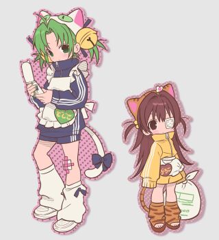 2girls animal_ears animal_hat animal_print apron bag bell betti_(xx_betti) blue_bow blue_jacket blue_shorts bow brown_eyes brown_footwear brown_hair cat_ears cat_girl cat_hat cat_tail cellphone dejiko di_gi_charat eyepatch flip_phone frilled_apron frills full_body gauze gauze_on_face gauze_on_knee green_eyes green_hair green_nails hair_bell hair_ornament hat highres holding holding_bag holding_phone jacket jersey_maid jingle_bell long_hair long_sleeves looking_at_viewer loose_socks maid maid_apron medical_eyepatch multiple_girls nail_polish one_eye_covered phone puchiko shoes shorts sleeves_past_fingers sleeves_past_wrists socks standing tail tail_bow tail_ornament tiger_print toeless_footwear track_jacket triple_vertical_stripe unconventional_maid waist_apron white_apron white_background white_footwear white_socks yellow_jacket zipper zipper_pull_tab
