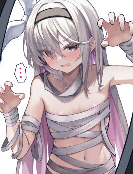... 1girl bandages black_eyes black_hairband blue_archive bow claw_pose commentary flat_chest grey_hair hair_bow hairband highres long_hair looking_at_viewer mio_024 multicolored_hair mummy_costume naked_bandage navel open_mouth pink_hair plana_(blue_archive) simple_background solo speech_bubble spoken_ellipsis white_background white_bow