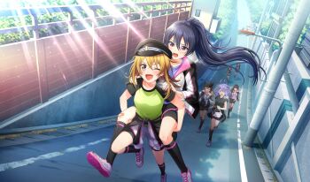 6+girls ;d amakusa_kotone asada_aoi bandaid bandaid_on_arm bandaid_on_knee bandaid_on_leg bird black_hair black_hat black_socks blonde_hair blue_shirt brown_eyes carrying cinderella_series clothes_around_waist dutch_angle gakuseibou game_cg hachigatsu_no_cinderella_nine hat high_ponytail highres iwaki_yoshimi jacket jacket_around_waist lens_flare light_rays long_hair looking_at_another multiple_girls nagai_kanako non-web_source official_art one_eye_closed open_mouth outdoors piggyback ponytail purple_hair red_eyes running shinonome_ryo shirt shoes short_sleeves smile sneakers socks sparrow sunbeam sunlight suzuki_waka track_jacket ukita_akane undershirt utility_pole