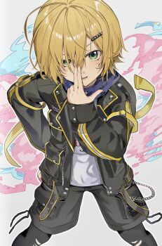 1boy arm_belt belt black_belt black_jacket black_leggings black_shorts blonde_hair blue_hood blush caution clothes_writing commentary_request drawstring feet_out_of_frame finger_to_face green_eyes hair_ornament hair_over_one_eye hairclip highres hood hood_down hoodie jacket lapels leggings legs_apart looking_at_viewer loose_belt male_focus nijisanji no_headwear notched_lapels open_belt open_clothes open_jacket outline parted_lips pocket print_hoodie sahi00000 short_hair shorts sleeves_past_wrists solo torn_clothes torn_leggings unzipped upturned_eyes uzuki_kou uzuki_kou_(5th_costume) v-shaped_eyebrows virtual_youtuber wallet_chain white_background white_hoodie white_outline wolf_cut yellow_belt yellow_trim zipper