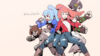 4girls billy_lee billy_lee_(cosplay) black_eyes blue_hair blue_jacket blue_pants blunt_bangs bodysuit boots brown_boots brown_gloves brown_hair commentary_request cosplay double_dragon feet_out_of_frame fingerless_gloves fishnet_gloves fishnets gloves grey_background grey_bodysuit headgear headphones highres jacket jimmy_lee jimmy_lee_(cosplay) kotonoha_akane kotonoha_aoi kyoumachi_seika long_hair looking_afar looking_to_the_side mask mouth_mask multiple_girls ninja ninja_mask open_clothes open_mouth open_shirt pants pink_hair red_jacket shirt siblings simple_background sisters t-shirt torn_clothes torn_pants touhoku_kiritan ukiwagirl voiceroid white_background white_shirt