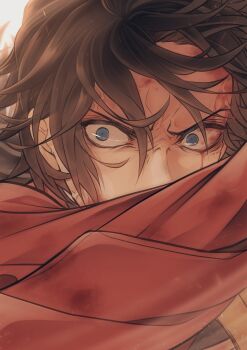 1boy black_hair black_jacket blood blood_on_face blue_eyes close-up constricted_pupils covered_mouth frown hair_between_eyes haori highres jacket japanese_clothes kimetsu_no_yaiba looking_at_viewer male_focus outstretched_arm red_haori serious solo spiked_hair tomioka_giyuu upper_body v-shaped_eyebrows white_background yougetu6