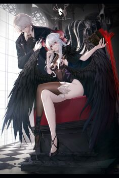1boy 1girl ankle_ribbon ascot bird black_feathers book checkered_floor covered_navel crow demon_horns dress fallen_angel feathered_wings feathers formal_clothes grey_hair hand_over_heart hand_up high_heels highres holding holding_book horns leg_ribbon long_hair merry_hearm open_book original red_eyes ribbon seven_deadly_sins short_hair single_thighhigh sitting smirk suit thighhighs throne wings