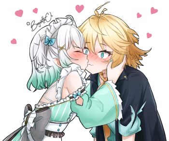 2girls ahoge aqua_dress aqua_hair aqua_nails baguette_(baguettech) blonde_hair blue_eyes closed_eyes closed_mouth commentary densetsu.exe dokibird dokibird_(bounty_hunter) dress english_commentary fang gradient_hair hair_ornament heart highres indie_virtual_youtuber kiss looking_at_another maid maid_headdress medium_hair mint_fantome mint_fantome_(minto_2.0) multicolored_hair multiple_girls nail_polish pointy_ears skin_fang virtual_youtuber white_hair white_headdress x_hair_ornament yuri