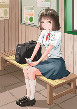 Rule 34 | 1girl, antenna hair, black bag, brown footwear, brown hair, confession, embarrassed, envelope, full body, grey skirt, heart, holding, holding envelope, letter, loafers, love letter, on bench, original, pleated skirt, poster (object), school uniform, shirt, shoes, short hair, silo, sitting, skirt, socks, white shirt, white socks, yamanaka kouji (yanchiki2001)