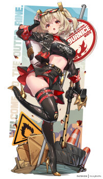 Rule 34 | 1girl, artist name, black jacket, black skirt, blonde hair, blush, boots, breasts, burnice white, character name, commentary, cropped jacket, flamethrower, full body, hair between eyes, high heels, highres, holding flamethrower, holding weapon, hong (white spider), jacket, large breasts, latex, latex legwear, looking at viewer, midriff, open clothes, open jacket, open mouth, patreon username, red hair, simple background, skindentation, skirt, solo, standing, standing on one leg, thigh boots, thighs, traffic cone, twintails, weapon, white background, zenless zone zero
