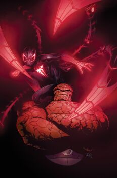 2boys ben_grimm black_bodysuit bodysuit comic_cover commentary crossed_arms dark english_commentary extra_arms fake_arthropod_limbs fantastic_four frown glowing looking_at_viewer male_focus marvel miles_morales monster_boy multiple_boys muscular muscular_male official_art on_shoulder russell_dauterman spider-man_(miles_morales) spider-man_(series) spider_web_print superhero_costume toned toned_male topless_male