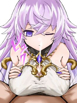 1boy 1girl breasts censored cleavage_cutout clothing_cutout emotionless_sex empty_eyes expressionless grabbing_own_breast grimms_notes hetero highres huge_breasts long_hair magic_mirror_(grimms_notes) mosaic_censoring paizuri paizuri_under_clothes penis pompurinpurin pov pov_crotch purple_eyes purple_hair simple_background solo_focus white_background