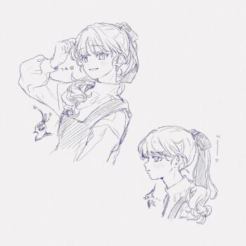 1girl artist_request bird from_side monochrome multiple_views photo_(medium) smile traditional_media