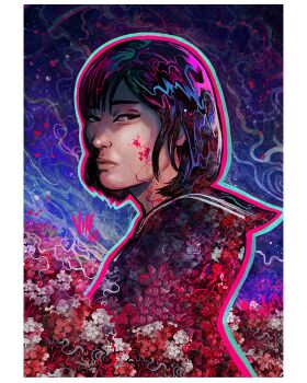 Rule 34 | 1girl, abstract background, artist name, asian, black hair, black sailor collar, black serafuku, blood, cheek injury, flower, highres, japanese clothes, neckerchief, realistic, red neckerchief, sailor collar, school uniform, serafuku, shimizu hinako, shirt, short hair, signature, silent hill (series), silent hill f, solo, thick eyebrows, upper body, vinartwork