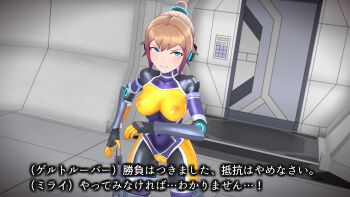1girl 3d agent_mirai blender_(medium) blue_eyes bodysuit breasts brown_hair covered_erect_nipples covered_navel hallway hexagon_print highres impossible_bodysuit impossible_clothes large_breasts mirai_(agent_mirai) nipples ponytail skin_tight solo umaaji_lady_mk2 yellow_bodysuit