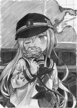1girl blush commentary_request flower graphite_(medium) greyscale hat hibiki_(kancolle) highres holding holding_flower irogawara_naomitu kantai_collection long_hair looking_at_viewer monochrome one_eye_closed rose school_uniform serafuku solo traditional_media