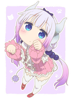 1girl blush border capelet child clenched_hands commentary_request dragon_girl dragon_horns dress expressionless eyelashes frilled_capelet frills from_above gradient_hair hair_ornament hair_ribbon hands_up highres horns kanna_kamui kobayashi-san_chi_no_maidragon light_purple_hair long_hair looking_at_viewer multicolored_hair paw_pose pink_dress ponytail puffy_sleeves purple_background purple_hair red_footwear ribbon samansa_ex sidelocks solo sphere_hair_ornament tail thighhighs thighs white_border white_thighhighs