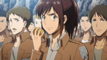1girl 6+boys animated animated_gif anime_screenshot brown_eyes brown_hair eating emblem epaulettes food food_on_face frown hair_up multiple_boys nervous non-web_source potato sasha_blouse shingeki_no_kyojin surprised sweatdrop uniform