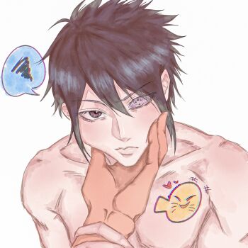 2boys black_eyes black_hair closed_mouth collarbone hand_on_another's_chin hashtag-only_commentary heart highres lips looking_at_viewer male_focus multiple_boys naruto_(series) out_of_frame purple_eyes rinnegan ruru1sm short_hair simple_background solo_focus squeans uchiha_sasuke uzumaki_naruto white_background yaoi