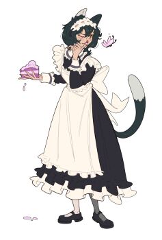 1girl animal_ears apron asymmetrical_legwear black_dress black_hair black_shoes blush breasts brown_eyes bug butterfly cake cat_ears cat_girl cat_tail collared_dress commentary dress dungeon_meshi english_commentary food full_body hair_between_eyes highres holding holding_cake holding_food insect izutsumi juliet_sleeves kemonomimi_mode lindriart long_dress long_sleeves maid maid_apron maid_headdress medium_breasts one_eye_closed pink_butterfly puffy_sleeves shoes short_hair solo standing tail tongue tongue_out white_background white_wrist_cuffs wrist_cuffs