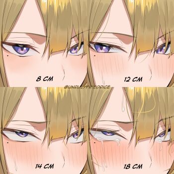 1girl absurdres blonde_hair blush evelyn_chevalier highres implied_sex meme_request multiple_expressions multiple_views purple_eyes rolling_eyes tears unrulyfriedrice zenless_zone_zero
