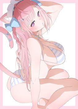 1girl ahoge animal_ears arm_up ass bell bikini blue_bikini blue_bow blue_ribbon blush border bow braid breasts cat_ears cat_girl cat_hair_ornament cat_tail collarbone extra_ears hair_bow hair_ornament hairclip heart heart_print highres indie_virtual_youtuber jingle_bell large_breasts long_hair looking_at_viewer maid_headdress multicolored_bikini neck_bell neck_ribbon object_on_head pink_border pink_eyes pink_hair pink_tail puckered_lips ribbon sitting solo star_(symbol) star_hair_ornament string_bikini suo_(esu) swimsuit tail tail_ornament tail_ribbon thighs two-tone_bikini virtual_youtuber white_background white_bikini yuuki_sakuna