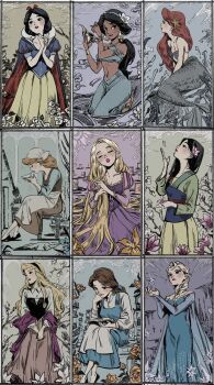 6+girls aladdin_(movie) ariel_(disney) aurora_(disney) beauty_and_the_beast_(disney) blonde_hair blue_eyes brown_hair cinderella_(disney_character) cinderella_(disney_movie) disney disney_princess dress elsa_(frozen) fa_mulan_(disney) flower frozen_(disney) highres jasmine_(disney) jewelry long_hair looking_at_viewer masso mulan_(movie) multiple_girls rapunzel_(disney) short_hair sleeping_beauty_(disney) smile snow_white_(disney) snow_white_and_the_seven_dwarfs_(disney) tangled the_little_mermaid_(disney)