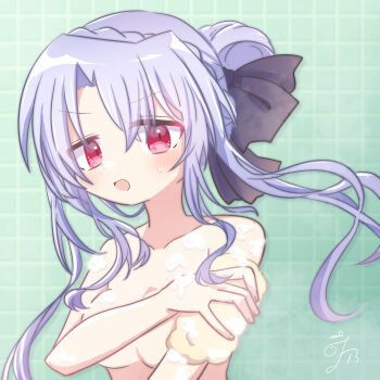 1girl :d bathing black_bow blue_hair blush bow braid breasts collarbone commentary convenient_arm crown_braid eyes_visible_through_hair floating_hair hair_between_eyes hair_bow hair_bun highres holding holding_sponge indoors large_breasts long_hair looking_at_viewer nude open_mouth red_eyes sidelocks signature single_hair_bun smile soap_bubbles solo sorakado_ao sponge summer_pockets sweatdrop tile_wall tiles upper_body utuigawa v-shaped_eyebrows very_long_hair