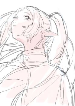 1girl elf frieren from_below highres kashiwagi_tsukiko long_hair meme pointy_ears simple_background sketch solo sousou_no_frieren upper_body upward_angle_frieren_drawing_(meme) white_background