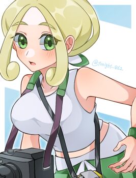 1girl artist_name bare_arms blonde_hair blush breasts camera capri_pants collarbone crop_top green_eyes green_pants large_breasts midriff nintendo open_mouth pants pokemon pokemon_xy rain_(tonight_862) shirt short_hair sleeveless sleeveless_shirt solo strap twitter_username viola_(pokemon) white_shirt
