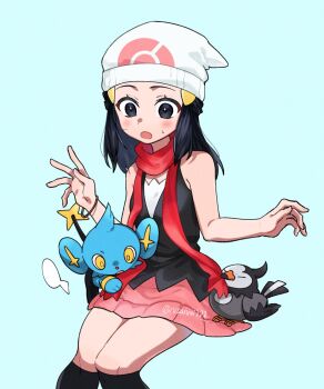 1girl blue_hair blush bracelet dawn_(pokemon) gen_4_pokemon hair_ornament hairclip hat highres jewelry long_hair looking_down nintendo nisanrei121 open_mouth pokemon pokemon_(creature) pokemon_dppt scarf shinx simple_background sitting starly sweat twitter_username