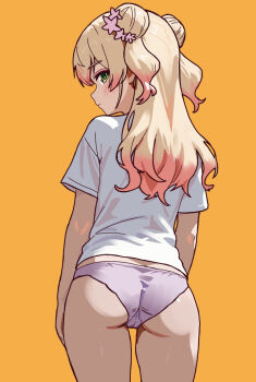 1girl ass blonde_hair blush closed_mouth double_bun dr._junyaman flower gradient_hair green_eyes hair_bun hair_flower hair_ornament hololive looking_at_viewer momosuzu_nene multicolored_hair panties pink_hair shirt solo two_side_up underwear white_panties white_shirt yellow_background