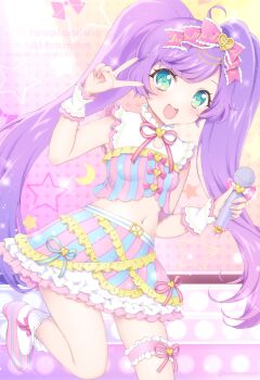 Rule 34 | 1girl, :d, absurdres, ahoge, bow, breasts, commentary request, frilled skirt, frilled thigh strap, frills, green eyes, hair bow, highres, holding, holding microphone, idol, kokorominton, long hair, looking at viewer, manaka laala, microphone, miniskirt, navel, neck ribbon, open mouth, pink bow, pink ribbon, pink skirt, pretty series, pripara, purple hair, ribbon, shirt, skirt, small breasts, smile, socks, solo, standing, standing on one leg, striped clothes, striped shirt, striped skirt, thigh strap, twintails, twintails day, v, vertical-striped clothes, vertical-striped shirt, vertical-striped skirt, very long hair, white socks, wrist cuffs