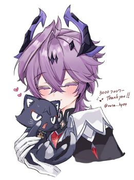 1boy :3 animal animal_collar aqua_collar black_cat black_collar black_horns blush cat chest_jewel cleavage_cutout closed_eyes closed_mouth clothing_cutout collar colored_eyelashes commentary_request cropped_torso crossed_bangs curtained_hair dragon_horns durin_(genshin_impact) gem genshin_impact gloves hair_between_eyes heart heart-shaped_gem holding holding_animal holding_cat horns male_focus mandarin_collar milestone_celebration nibbling purple_hair purple_horns red_gemstone ruta_hp04 scaramouche_(cat)_(genshin_impact) scaramouche_(genshin_impact) sweat thank_you translation_request twitter_username white_collar white_gloves