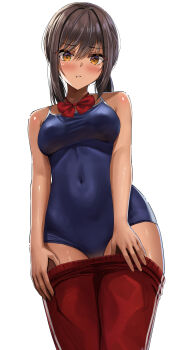 Rule 34 | 1girl, :t, absurdres, bare arms, blue one-piece swimsuit, blush, bow, bowtie, breasts, brown eyes, brown hair, closed mouth, commentary request, competition school swimsuit, covered navel, cowboy shot, dark skin, highres, long hair, looking at viewer, medium breasts, one-piece swimsuit, original, pants, pout, red bow, red bowtie, red pants, school swimsuit, sidelocks, simple background, solo, standing, swimsuit, tan, white background, yukemuriganmo
