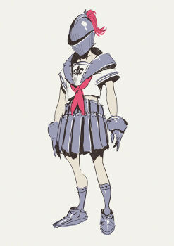 1girl armor armored_shoes armored_skirt armored_socks arms_at_sides commentary_request fleur-de-lis gauntlets helmet knight midriff original pomodorosa school_uniform serafuku shirt short_sleeves shoulder_armor simple_background sketch skirt socks solo white_background white_shirt
